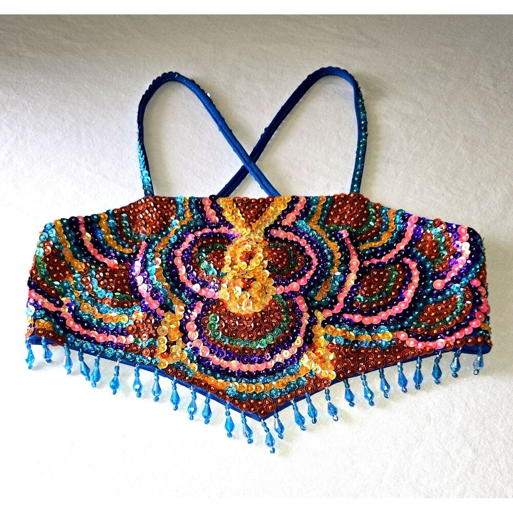 Glamour Costumes Sequin Beaded Dance Top Small Rave Festival Sparkly Bralette